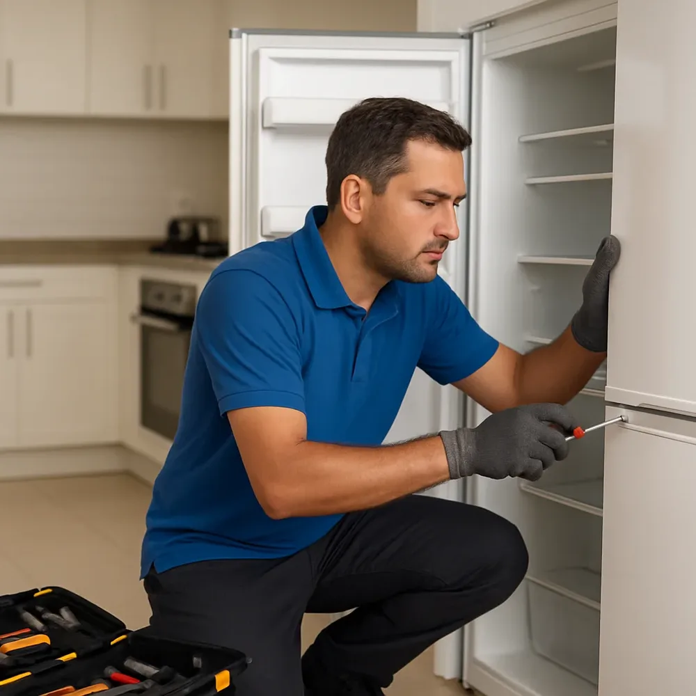 Técnico da Valdilar consertando uma geladeira na cozinha do cliente