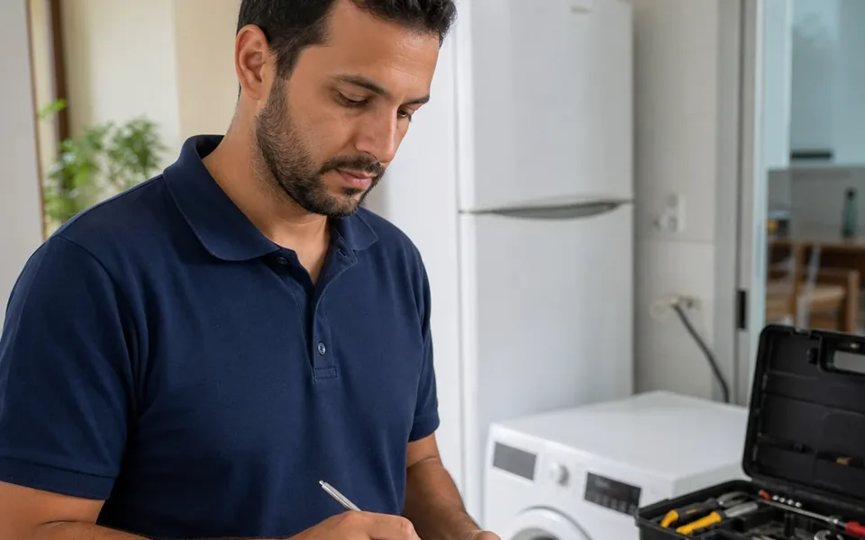 Técnico preenchendo o laudo técnico do equipamento avaliado